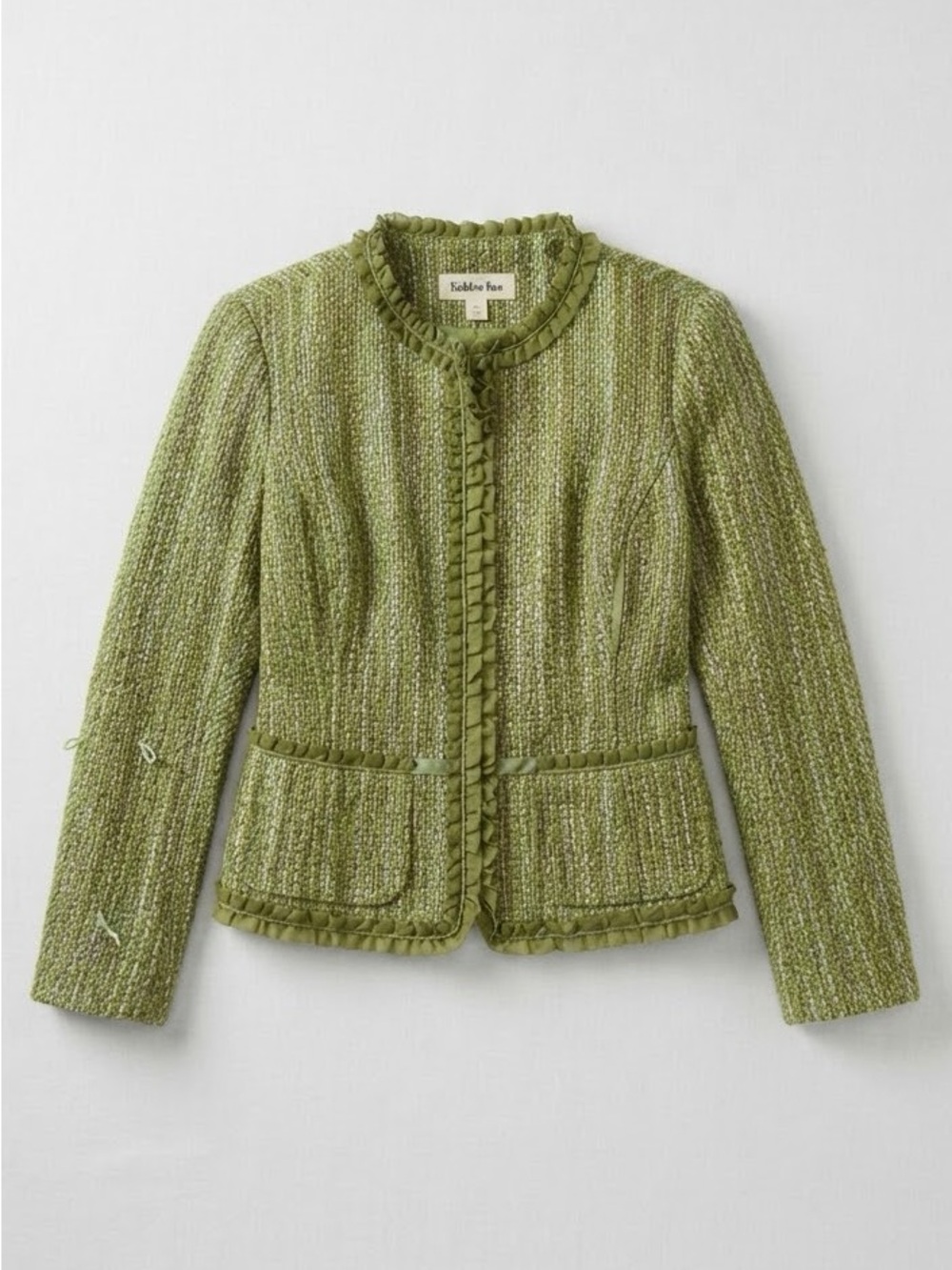 Robbie Bee Green Tweed Blazer Jacket Ruffled Trim Open Front Size 12